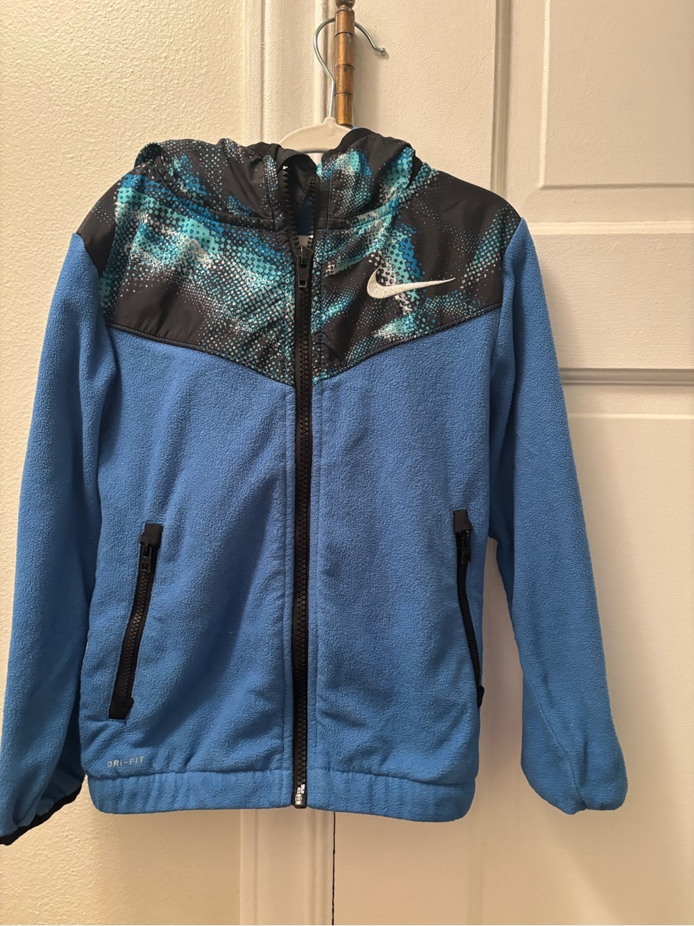 Nike Kids' Blue Fleece Zip Hoodie with Patterned Yoke Dri fit Size 4